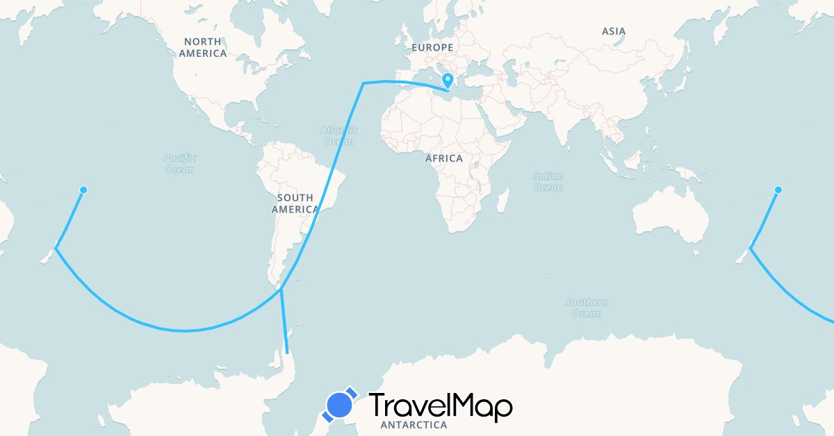 TravelMap itinerary: plane, boat in Antarctica, Argentina, American Samoa, New Zealand, Portugal (Antarctica, Europe, Oceania, South America)